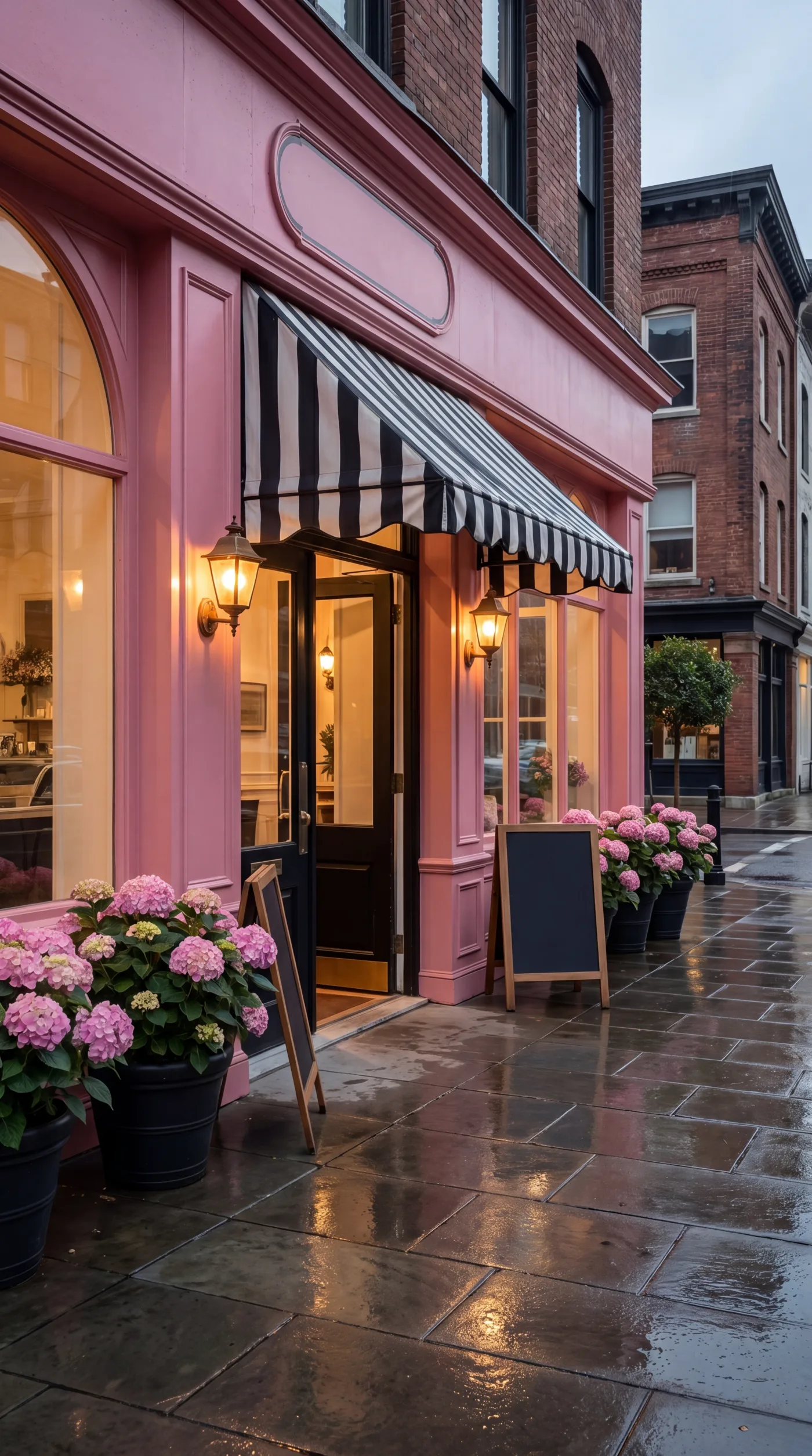 Pink Paulette Cafe storefront with striped awning and flowers