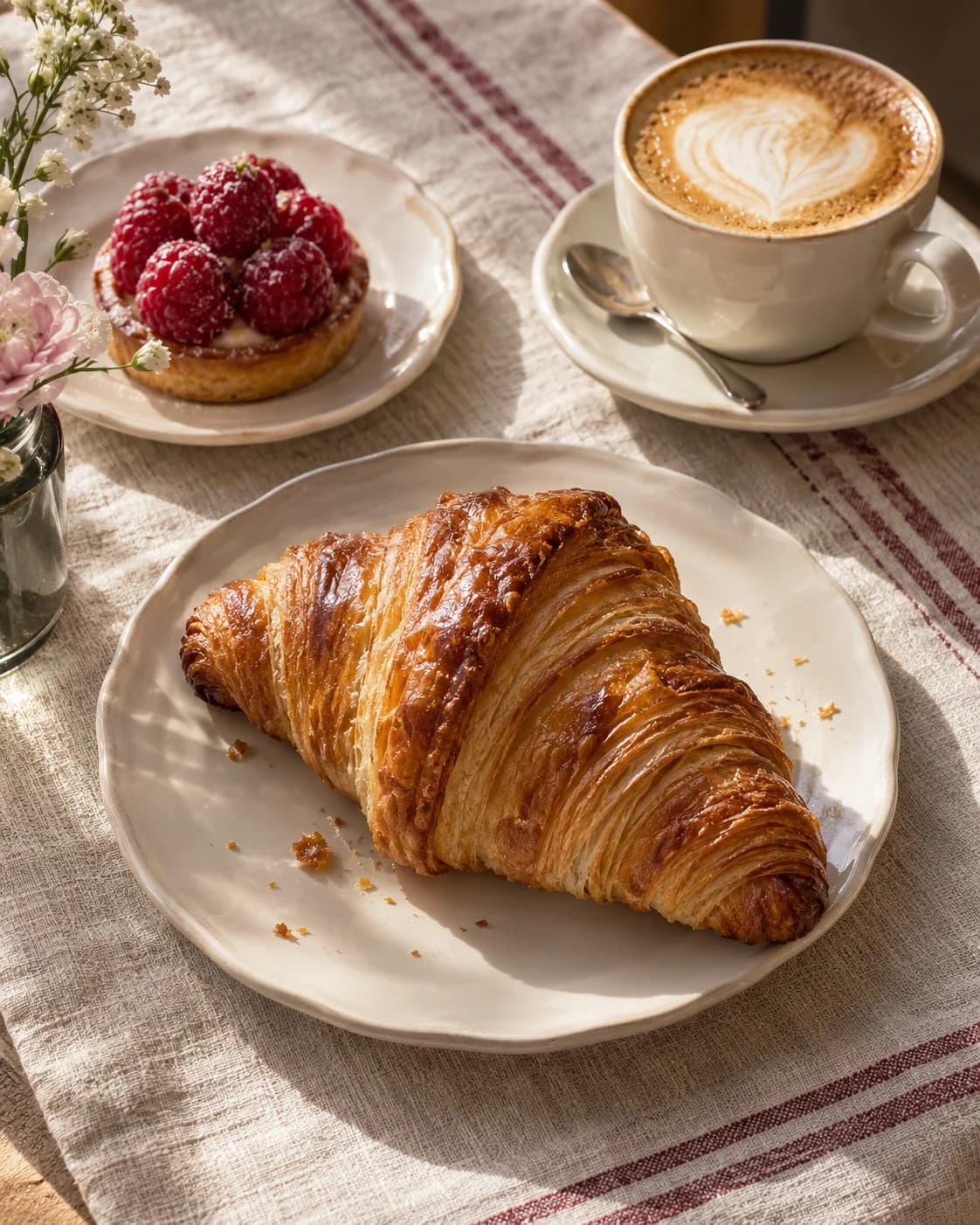 A croissant, cappuccino and raspberry tart for a slow French morning