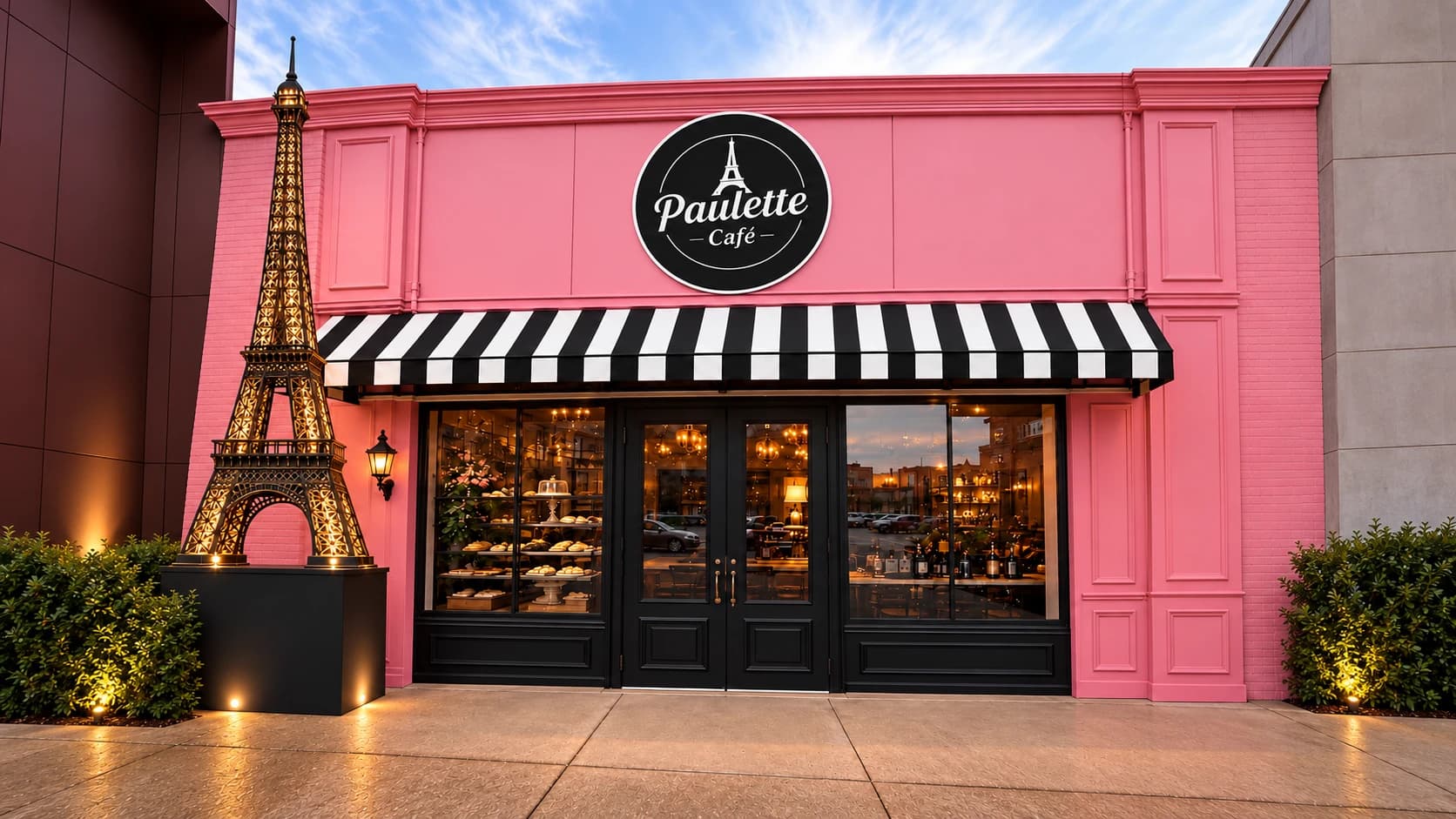 Paulette Café’s pink storefront, striped awning and Eiffel Tower at The Woodlands
